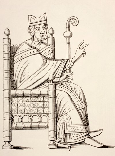 A Bishop or Abbot seated in a Chair with Mitre and Crook by French School